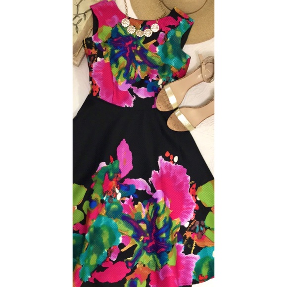 Tahari Vibrant Watercolor Fit and Flare Dress - Picture 10 of 16